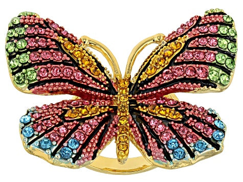 Multicolor Crystal Gold Tone Butterfly Ring